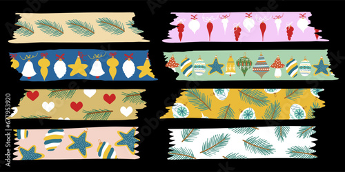 Christmas Torn Washi Tape Collection. Colorful Washitape Xmas Set. Different pieces of paper in retro style. New year winter scrapbook stripes, sticky tags, scotch strip. Isolated Vector Illustration