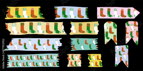 Christmas Socks Torn Washitape Collection. Colorful Washi Tape Stockings Set. Different pieces of paper in retro style. Scrapbook stripes, sticky tags, scotch strip. Isolated Vector Illustration