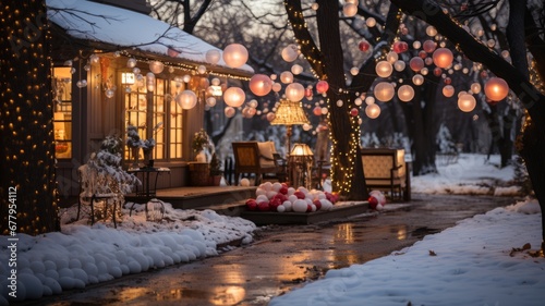 house with Christmas decoration lights and decorative spheres with snowy ground all prepared for Christmas