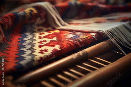 Handcrafted textile production on wooden loom, artistry in detail