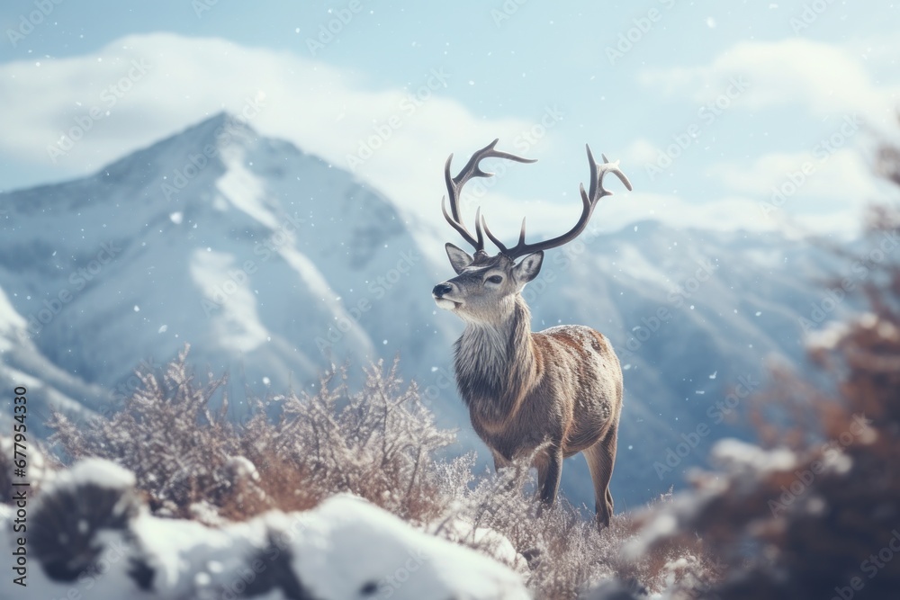Snow-covered mountain splendor, wild deer standing in pristine snow, tranquil alpine setting, for serene winter landscape visuals, Nature beauty.