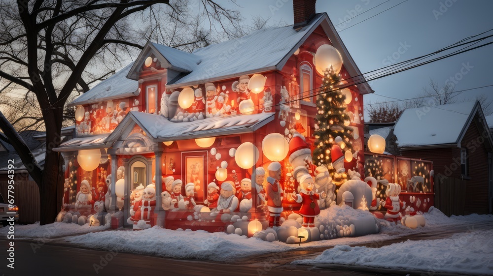 House decorated with Christmas tree with lights and snow covered, inflatable Santa Claus decorating everything