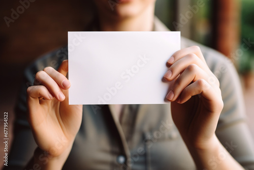 Close up of businesswoman holding blank business card. Focus on card