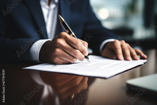 Close-up Of Businessman Signing Contract At Desk In Office