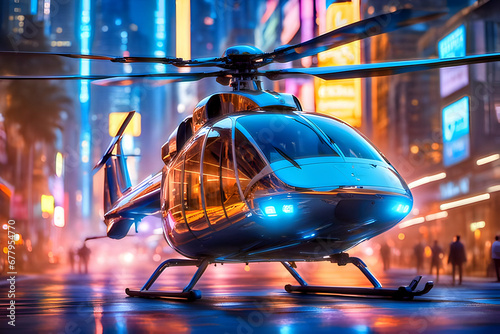 A helicopter is parked on a city street at night. The streetlights and buildings are in the background.