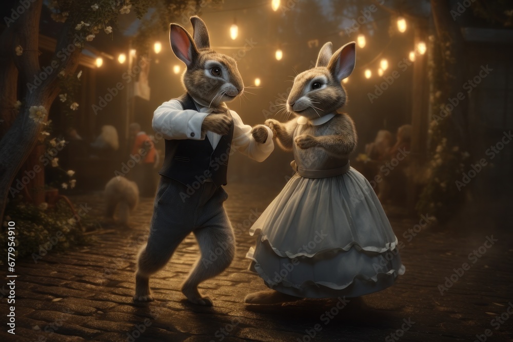 Fairy tale bunnies in clothing dancing under string lights. Enchantment and animated animal characters.