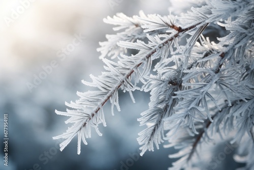 Winter s touch on evergreen  intricate frost patterns on soft pine needles