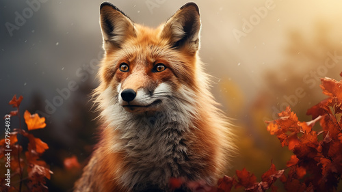 cute fox in the autumn forest, orange tones of an autumn day in a portrait of a wild nature predator