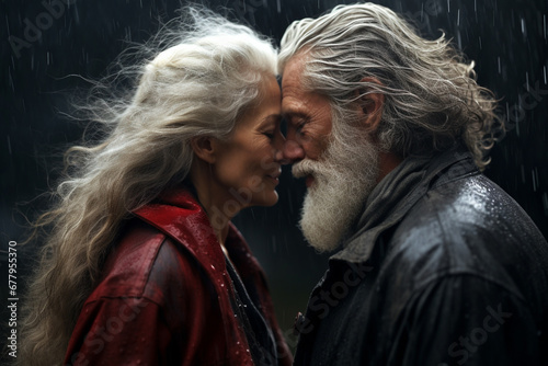 portrait of a kissing under rain elderly couple, true love