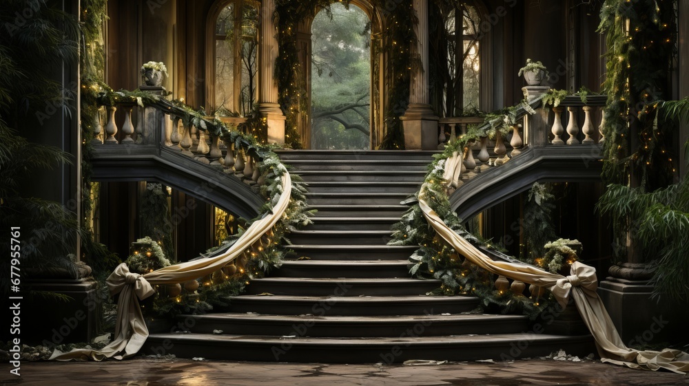 Obraz premium decorating stairs for Christmas with lights and pine streamers, candles and lit lights