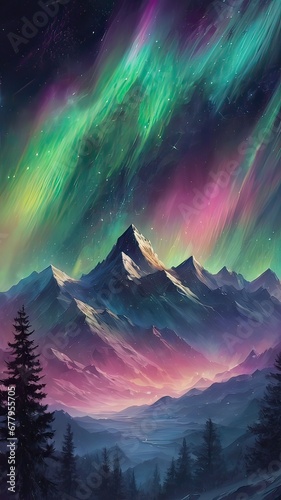 Landscape with mountains and Aurora.
