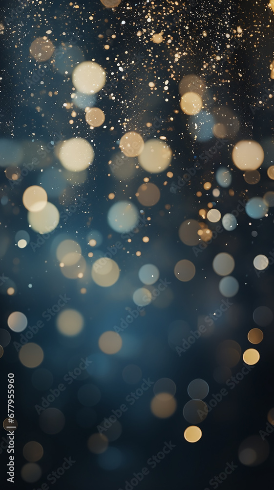vertical background festive light golden glow bokeh on black background, abstract background with copy space