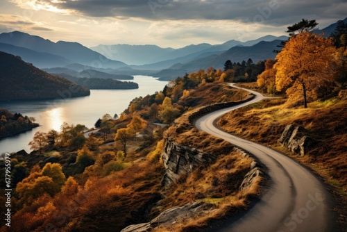 Landscape winding road with autumn season. Generative AI