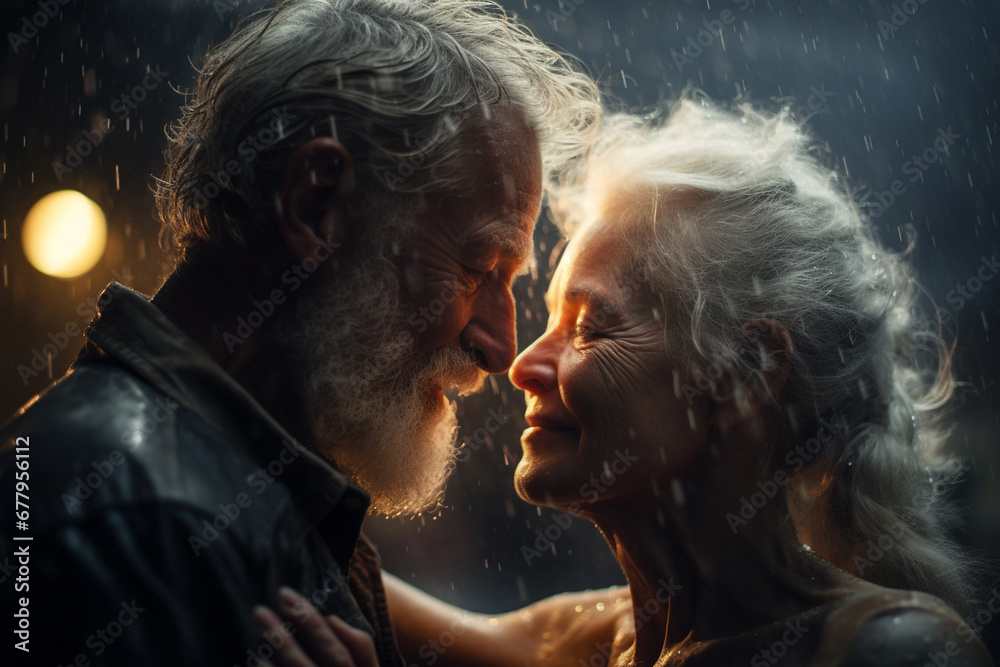 portrait of a kissing under rain elderly couple, true love