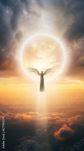 vertical background heavenly landscape, angel in heaven in the light of the sun with wings on the background of sunset, religious faith concept