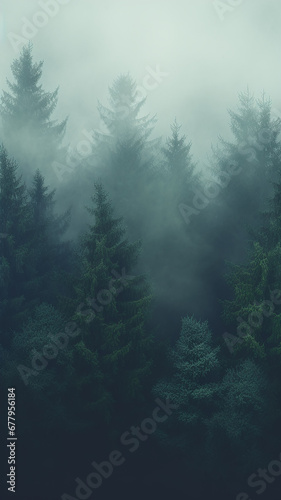 vertical background foggy landscape of autumn forest  panoramic view of taiga  tall trees in the northern fog of autumn
