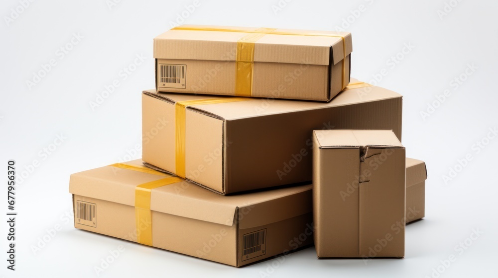 Global packages delivery and parcels transportation concept, stack of cardboard boxes isolated on white background