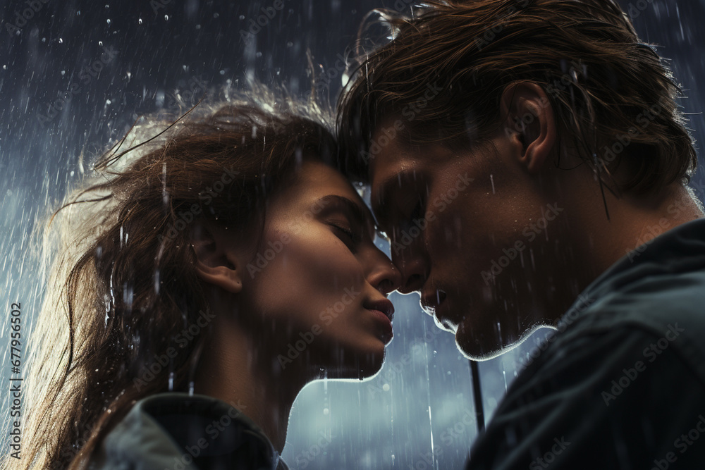 portrait of a kissing under rain couple, true love portrait of a kissing under rain couple, true love