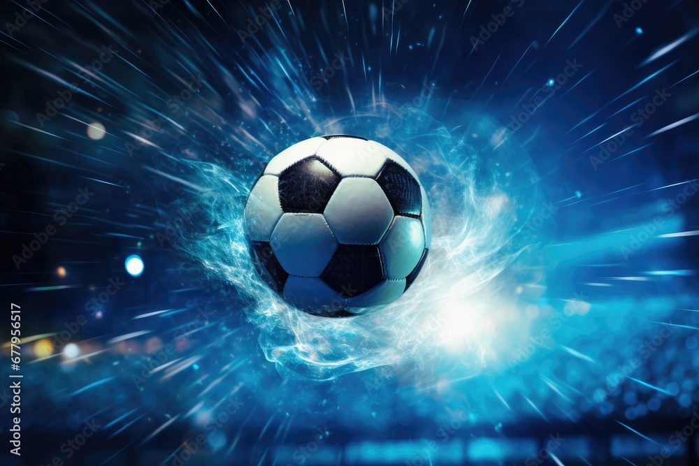 Fototapeta premium Football is in the goal with blue sky and water spray splashing