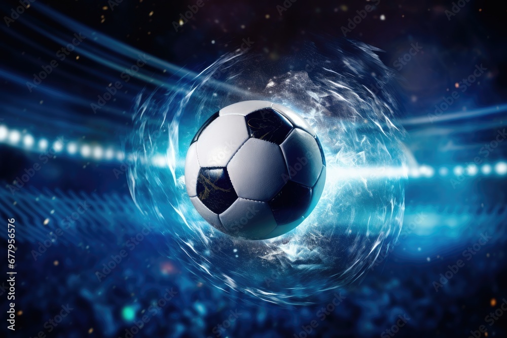 Fototapeta premium Football is in the goal with blue sky and water spray splashing