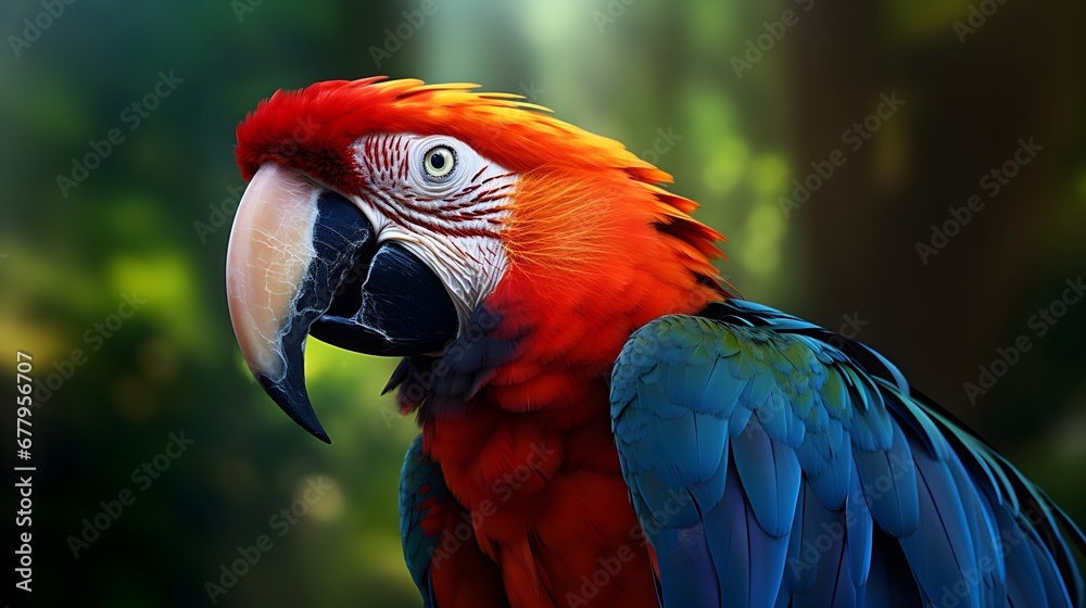 Fototapeta premium Macaw Parrot Perched In The Amazonian Jungle. Generated with AI.
