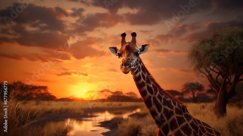 Giraffe Walking In The African Desert Safari. Generated with AI.
