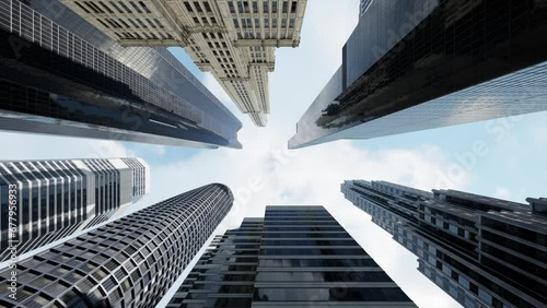 Career progression. The camera bursts out of the space enclosed by business skyscrapers into the clear sky.