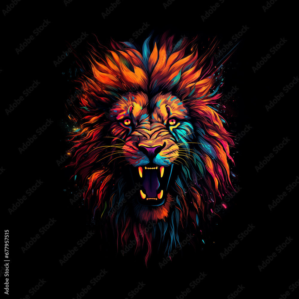 A roaring lion looks majestic on a black background.
