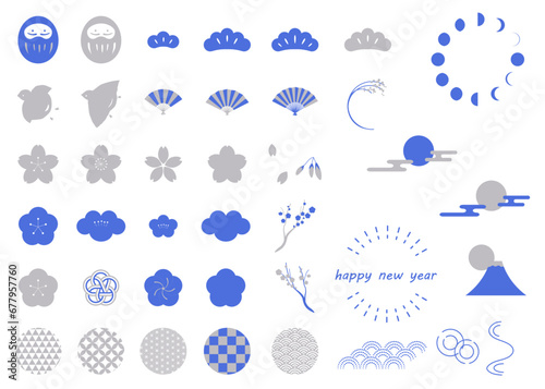 青色と灰色の縁起物と伝統文様のイラストセット　年賀状イラスト素材