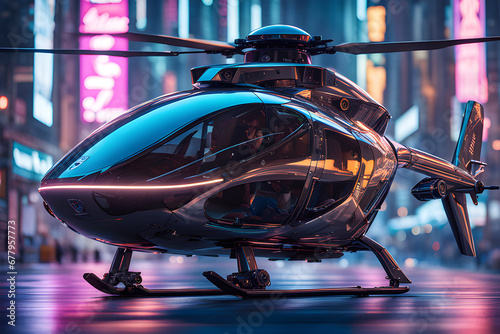 A helicopter is parked on a street at night in a cyberpunk city. The scene is bathed in purple and blue light.