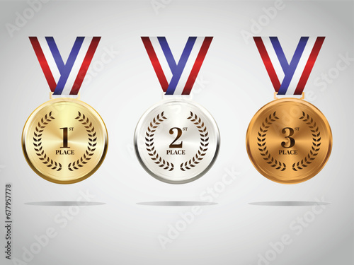 Gold, silver and bronze medals on ribbons realistic illustrations set