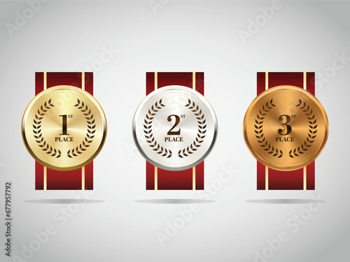 Gold, silver and bronze medals on ribbons realistic illustrations set