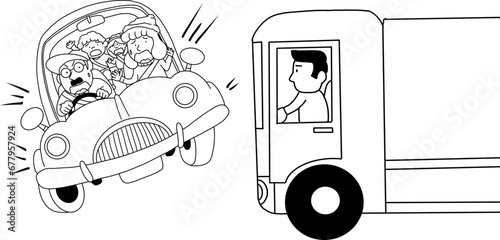 自動車とトラックの交通事故のイラスト（線画）