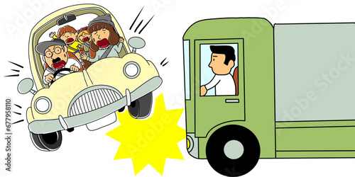 自動車とトラックの交通事故のイラスト