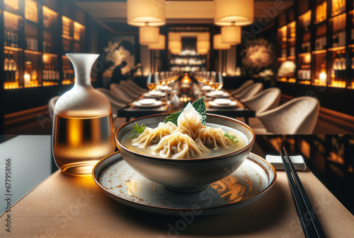 A close-up of fresh wonton soup with sake served on the side of a plate, in a luxurious and elegant restaurant setting. photo