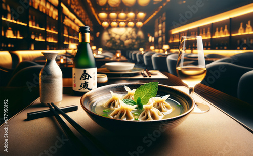 A close-up of fresh wonton soup with sake served on the side of a plate, in a luxurious and elegant restaurant setting. photo