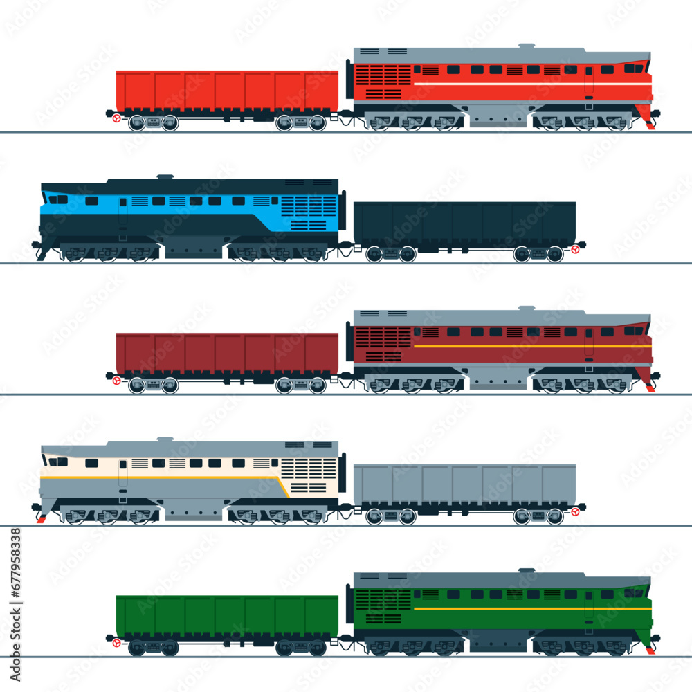 Diesel locomotive and wagon. Set of vector images. Side view. Diesel locomotive and wagon. Set of vector images. Side view.