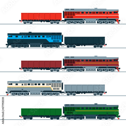 Diesel locomotive and wagon. Set of vector images. Side view.