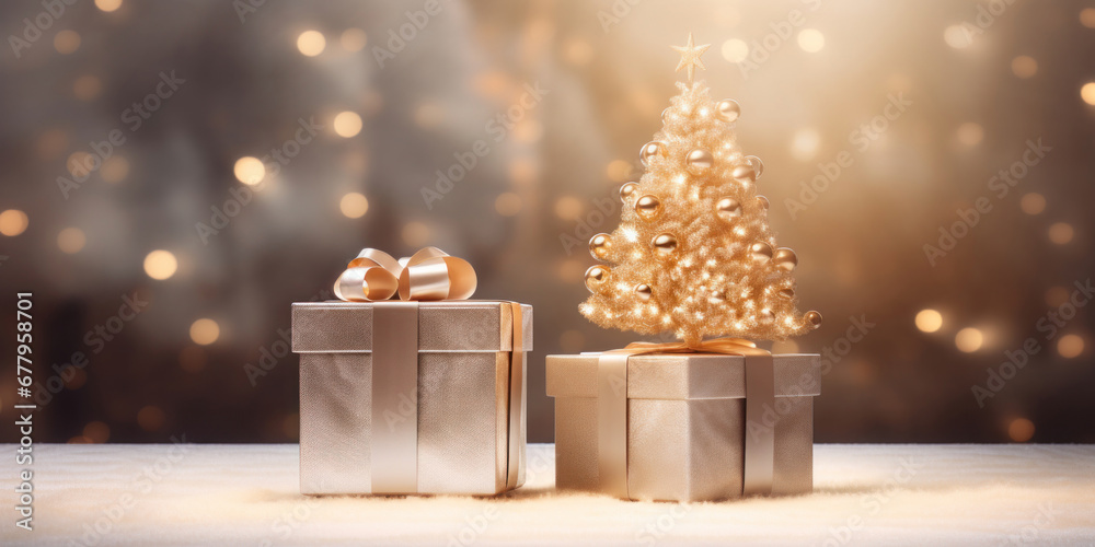 Two golden gift boxes in a winter Christmas forest