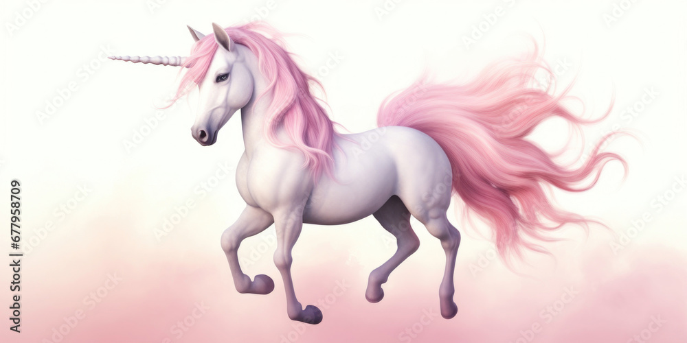 Soft pink unicorn with fluffy tail and mane on white background