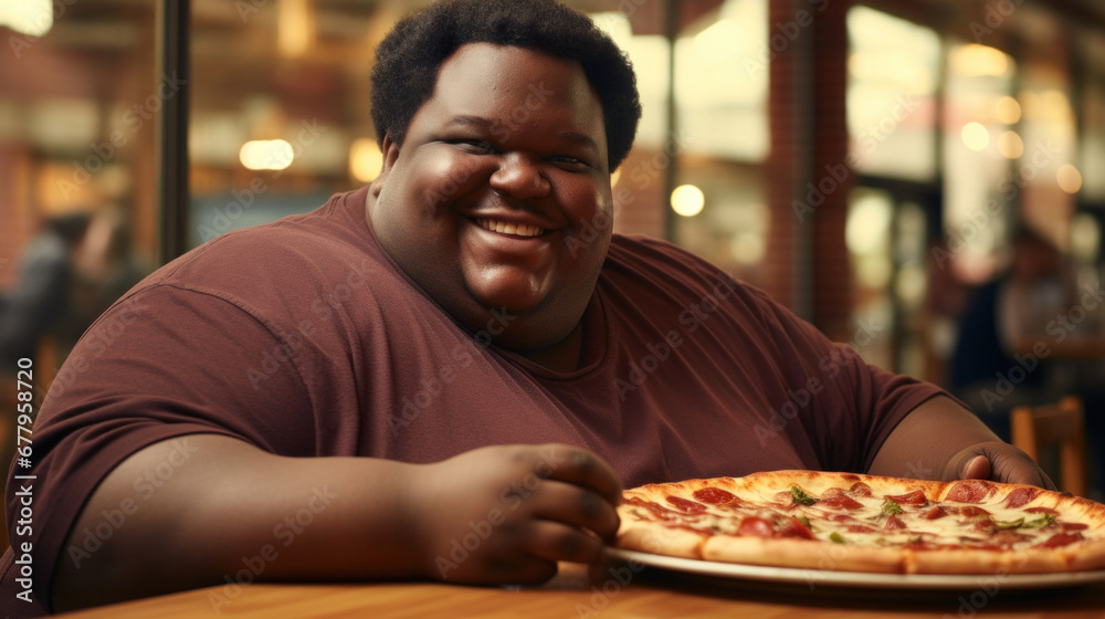 Fat happy man in restaurant or cafe with pizza