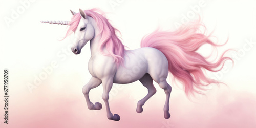 Soft pink unicorn with fluffy tail and mane on white background