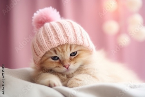 Cute little fluffy kitten in a knitted hat