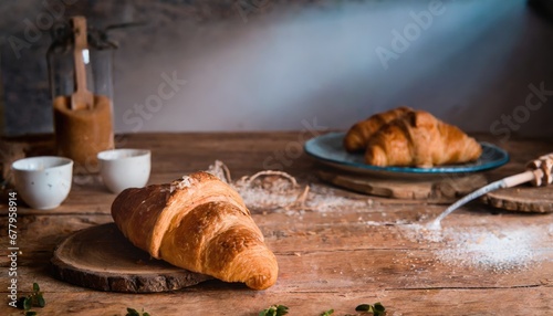 Freshly baked croissants with berries jam, chocolat, dark wooden background. AI Generated.