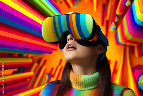 person wearing Virtual Reality glasses on colorful meta verse background