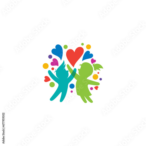 Children care logo template  love kids design  colorful  icon of children playing happily