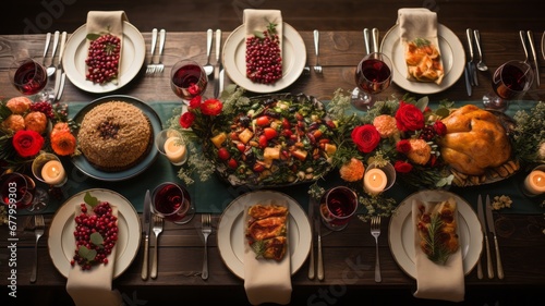 Christmas table with friends and family living together on Christmas Eve celebrating Christmas and the company of family