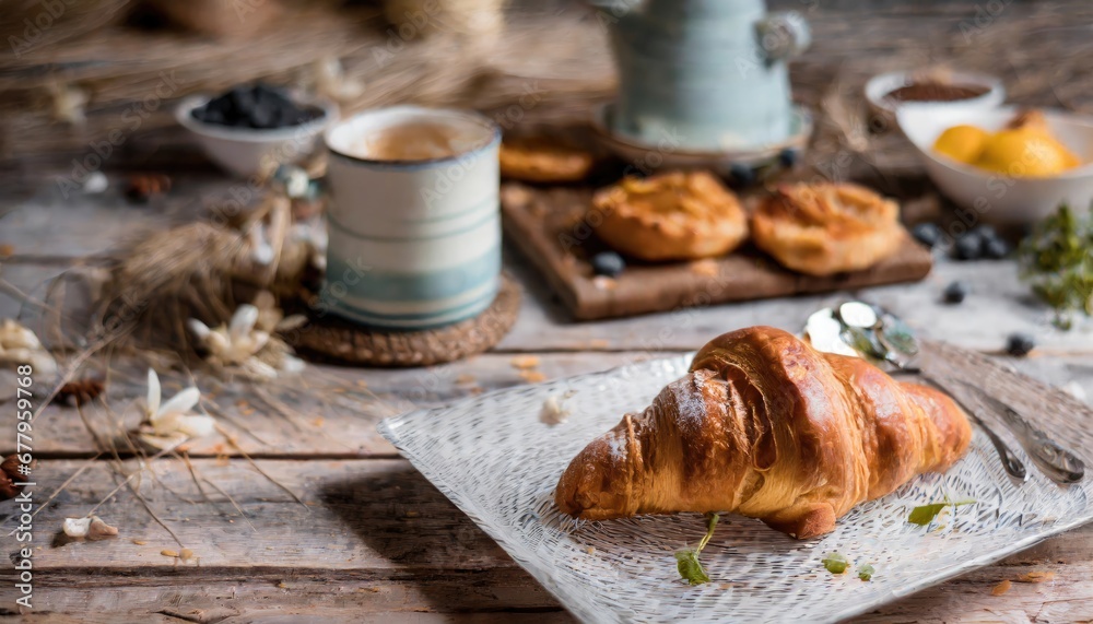Freshly baked croissants with berries jam, chocolat, dark wooden background. AI Generated. Freshly baked croissants with berries jam, chocolat, dark wooden background. AI Generated.