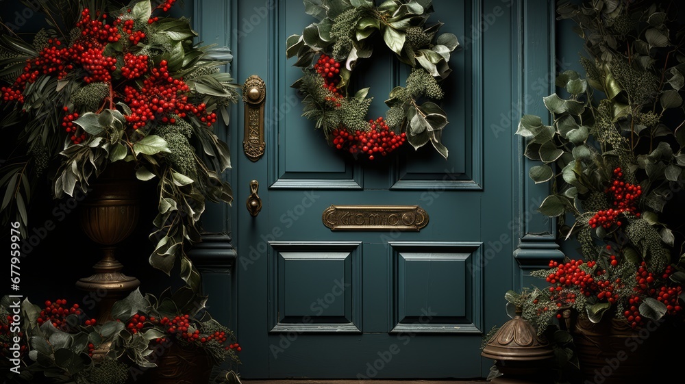 door decorated with Christmas mistletoes wreath on the door to gain access, entrance decoration for your guests