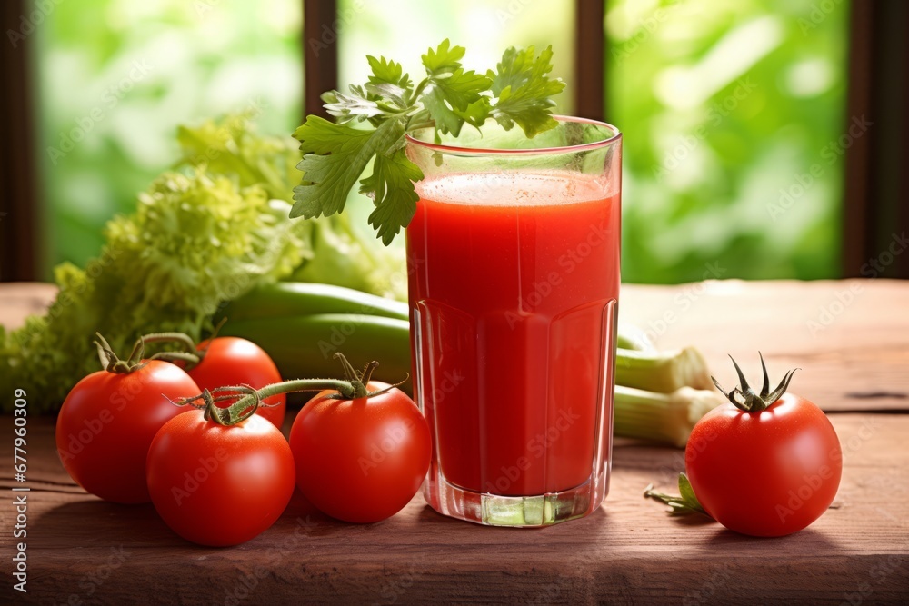 A healthy start to the day with a glass of refreshing tomato juice, garnished with celery, on a rustic table in a sunny kitchen setting A healthy start to the day with a glass of refreshing tomato juice, garnished with celery, on a rustic table in a sunny kitchen setting